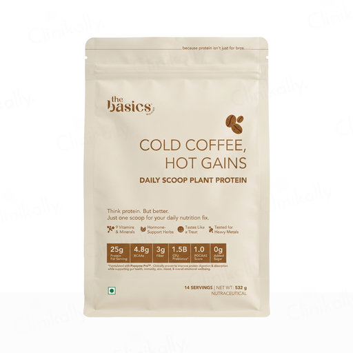 The Basics Woman Cold Coffee, Hot Gains Daily Scoop Plant Protein Powder